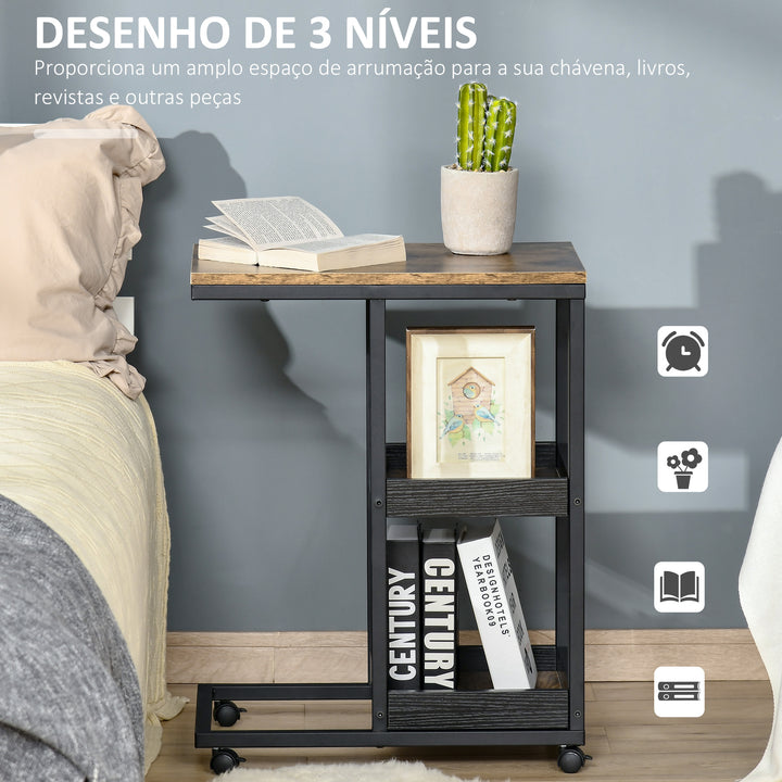 Mesa Auxiliar Industrial Mesa Auxiliar em Forma de C com Rodas Prateleiras Abertas e Estrutura de Aço para Sala de Estar Dormitório 51x33x66 cm Marrom Escuro e Preto