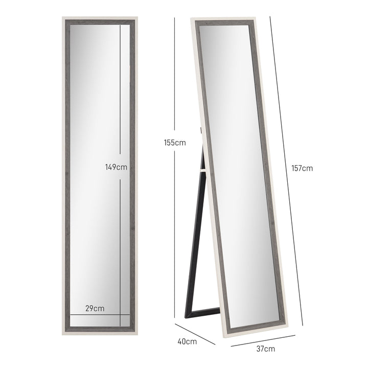 Espelho de Pé 37x157 cm Espelho de Corpo Inteiro com Estrutura de MDF e Suporte para Sala de Estar Dormitório Branco e Cinza