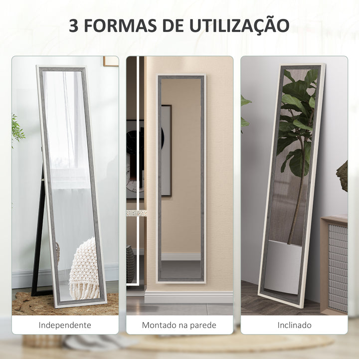 Espelho de Pé 37x157 cm Espelho de Corpo Inteiro com Estrutura de MDF e Suporte para Sala de Estar Dormitório Branco e Cinza