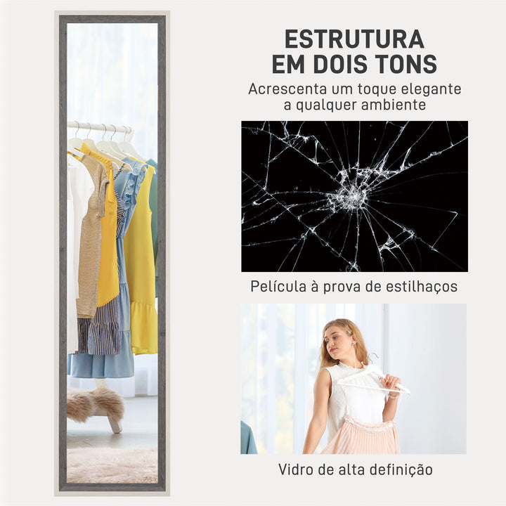 Espelho de Pé 37x157 cm Espelho de Corpo Inteiro com Estrutura de MDF e Suporte para Sala de Estar Dormitório Branco e Cinza