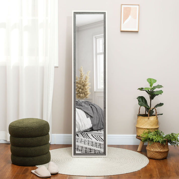 Espelho de Pé 37x157 cm Espelho de Corpo Inteiro com Estrutura de MDF e Suporte para Sala de Estar Dormitório Branco e Cinza