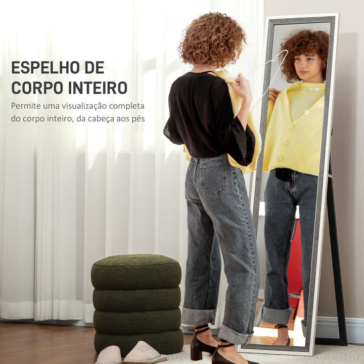Espelho de Pé 37x157 cm Espelho de Corpo Inteiro com Estrutura de MDF e Suporte para Sala de Estar Dormitório Branco e Cinza