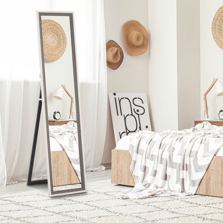 Espelho de Pé 37x157 cm Espelho de Corpo Inteiro com Estrutura de MDF e Suporte para Sala de Estar Dormitório Branco e Cinza