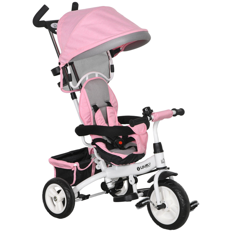 Triciclo para Bebés 2 em 1 Triciclo Evolutivo para Crianças de +12 Meses com Toldo Dobrável Guiador Telescópico e Removível Cinto de Segurança e Cesto 95x50x106 cm Rosa