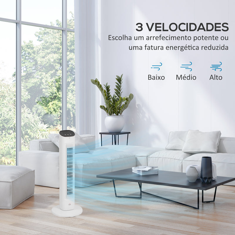 Ventoinha de Coluna 50W com Controlo Remoto Ventoinha Silenciosa com 3 Velocidades Temporizador 15h Oscilação 85° Ecrã LED 30x30x78 cm Branco