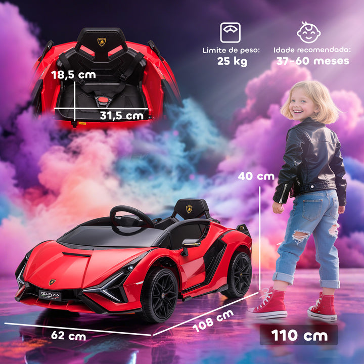Carro Elétrico Lamborghini SIAN 12V para Crianças acima de 3 Anos com Controle Remoto Abertura da Porta Música MP3 USB e Faróis 108x62x40cm Vermelho