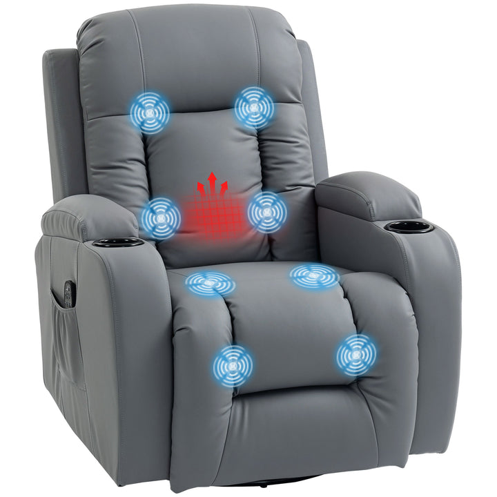 Poltrona de Massagem Giratória Poltrona Relax Reclinável com 8 Pontos de Massagem Função de Aquecimento Lombar Controlo Remoto Revestimento em PU Apoio para os Pés Bolso Lateral Função Oscilante Cinzento