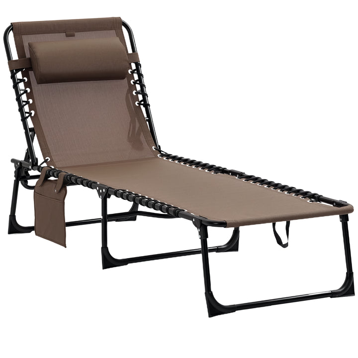 Espreguiçadeira Dobrável Espreguiçadeira de Jardim com Encosto Ajustável Apoio para a Cabeça Acolchoado Bolso Lateral e Estrura de Aço 185x58x30 cm Marrom