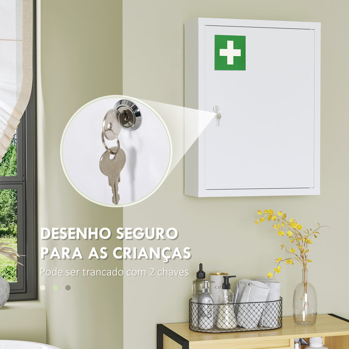 Armário de Parede de Aço para Medicamentos de 3 Níveis com Fecho e 2 Chaves para Casa de Banho e Cozinha 40x15x53,5 cm Branco