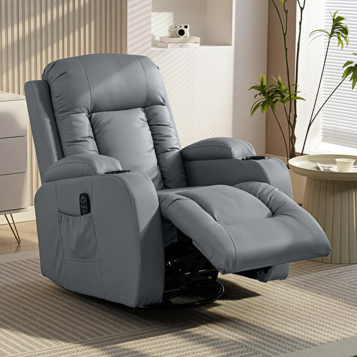 Poltrona de Massagem Giratória Poltrona Relax Reclinável com 8 Pontos de Massagem Função de Aquecimento Lombar Controlo Remoto Revestimento em PU Apoio para os Pés Bolso Lateral Função Oscilante Cinzento