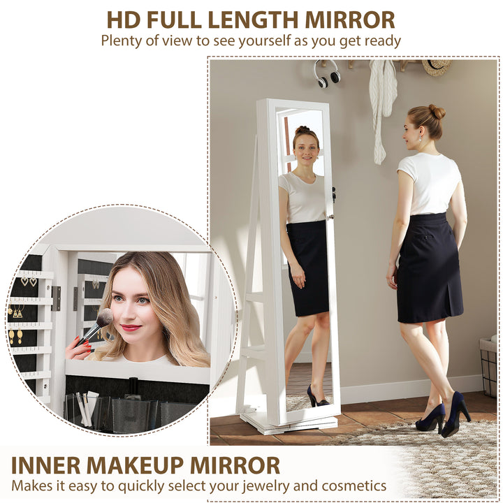 Joalheiro de Pé Armário para Jóias 360° Organizador de Jóias com Fechadura e Espelho Incorporado Carga Máxima 20 kg 38x38x160 cm Branco