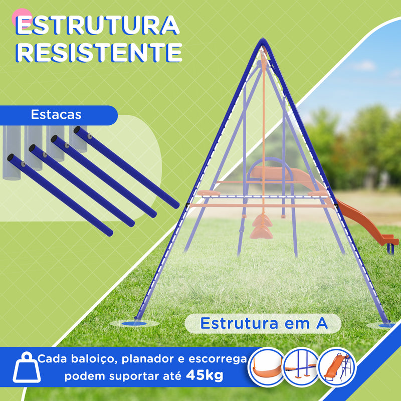 Baloiço Infantil 4 em 1 Baloiço para Crianças com 2 Baloiços Individuais 1 Baloiço Planador 1 Escorrega Corda Ajustável e Anti UV para Exterior 367x192x180 cm Multicor