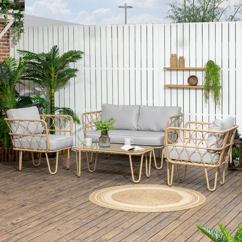 Conjunto de Jardim de 4 Peças em Vime Sintético com 2 Poltronas 1 Sofá de 2 Lugares 1 Mesa de Centro e Almofadas Natural e Cinza