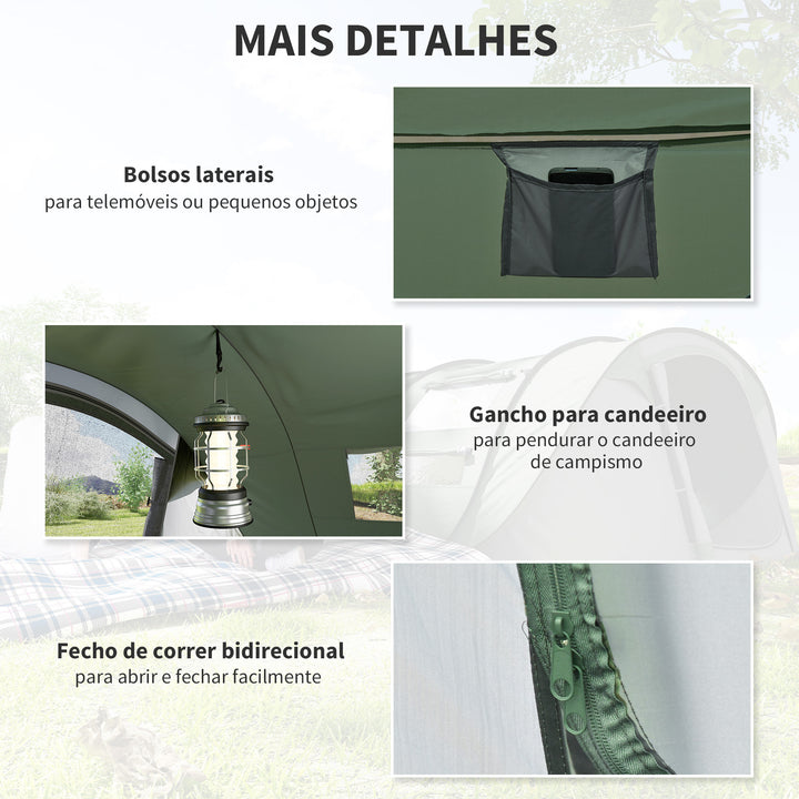 Tenda de Campismo Pop-up para 4-5 Pessoas Tenda de Campismo Instantânea com Janelas Bolsos e Bolsa de Transporte Impermeável Anti-UV 263,5x220x123 cm Verde e Cinzento