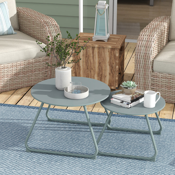 Conjunto de 2 Mesas de Jardim Empilháveis Mesas Auxiliares de Jardim Redondas com Estrutura de Metal e Revestimento Epóxi Anticorrosivo para Varanda Terraço Pátio Azul