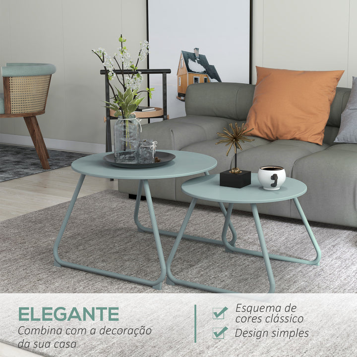 Conjunto de 2 Mesas de Jardim Empilháveis Mesas Auxiliares de Jardim Redondas com Estrutura de Metal e Revestimento Epóxi Anticorrosivo para Varanda Terraço Pátio Azul