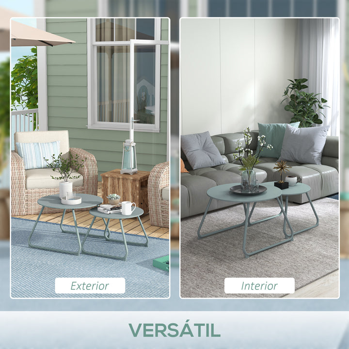 Conjunto de 2 Mesas de Jardim Empilháveis Mesas Auxiliares de Jardim Redondas com Estrutura de Metal e Revestimento Epóxi Anticorrosivo para Varanda Terraço Pátio Azul