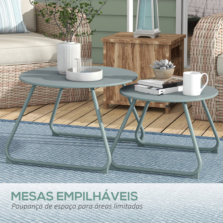 Conjunto de 2 Mesas de Jardim Empilháveis Mesas Auxiliares de Jardim Redondas com Estrutura de Metal e Revestimento Epóxi Anticorrosivo para Varanda Terraço Pátio Azul