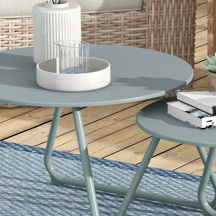 Conjunto de 2 Mesas de Jardim Empilháveis Mesas Auxiliares de Jardim Redondas com Estrutura de Metal e Revestimento Epóxi Anticorrosivo para Varanda Terraço Pátio Azul