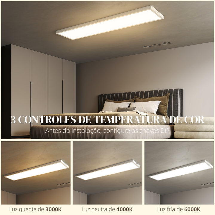 Conjunto de 4 Candeeiros de Teto, Reguláveis em Cor Plafons LED de Teto com Interruptor DIP e de Parede 3000K/4000K/6000K 5200 lm 48 W para Sala Escritório 120x30x3,7 cm Branco