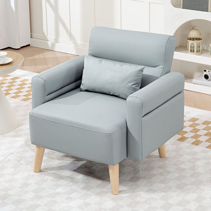 Poltrona Moderna Estofada em Couro Sintético com Apoios de Braço Acolchoados Encosto com Costuras e Pés em Madeira para Dormitório 77x78x78 cm Cinzento