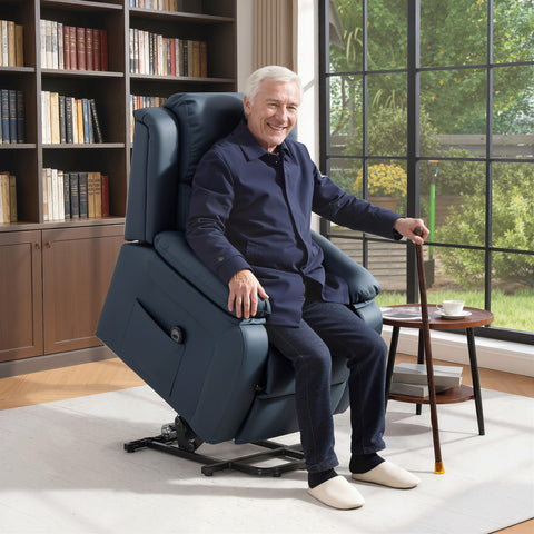 Poltrona Relax Levanta Pessoas com Controle Remoto Reclinação Elétrica de 160° Apoio para os Pés Encosto Estofado em PU e Bolsos Laterais 76x90x105 cm Azul Escuro