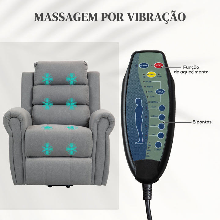 Poltrona Relax Reclinável Elétrica Levanta Pessoas com Massagem Vibratória e Aquecimento Poltrona Elevatória com Controlo Remoto Apoio para Pés Estofada em PU Bolsos Laterais 98x96x105 cm Cinza
