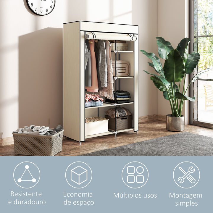 Roupeiro de Tecido Dobrável Armário de Roupa Portátil com 6 Prateleiras e 1 Barra de Pendurar para Dormitório Vestidor 103x43x162,5cm Creme