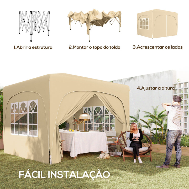 Tenda Dobrável Tenda 3x3 m com Painéis Laterais UPF50+ Tenda de Jardim com Altura Ajustável e Bolsa de Transporte para Campismo Festas Pátio Areia