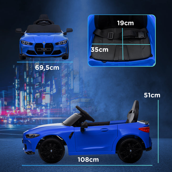 Carro Elétrico para Crianças BMW M4 Veículo Elétrico para Crianças 12V com Controlo Remoto Faróis Buzina Música Velocidade 3-5 km/h Cinto de Segurança Azul