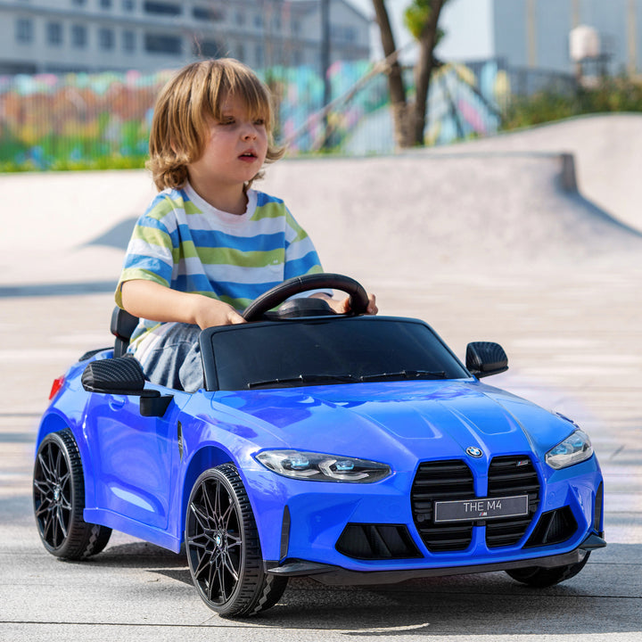 Carro Elétrico para Crianças BMW M4 Veículo Elétrico para Crianças 12V com Controlo Remoto Faróis Buzina Música Velocidade 3-5 km/h Cinto de Segurança Azul