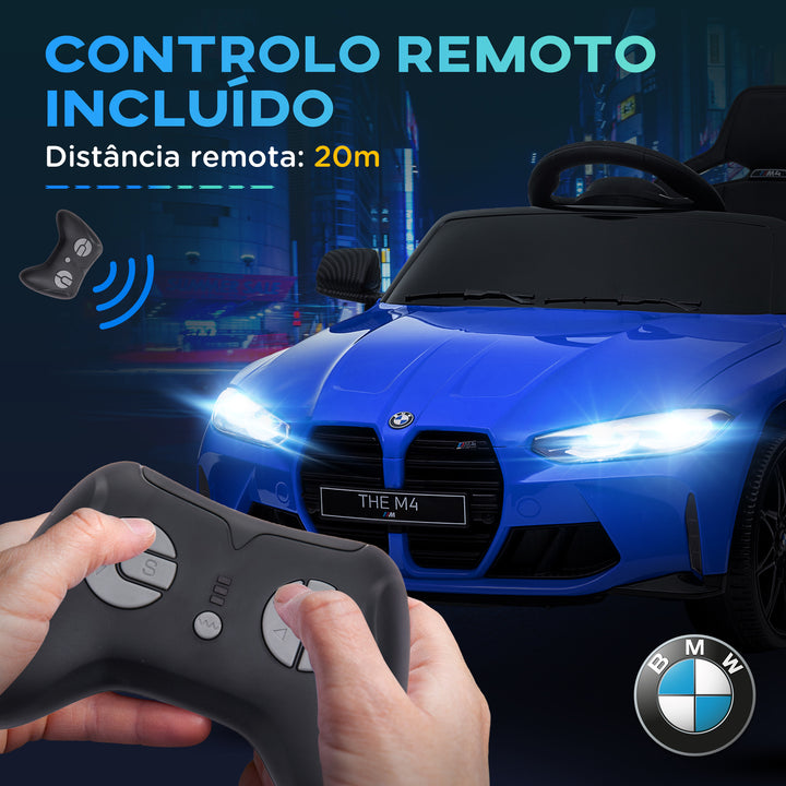 Carro Elétrico para Crianças BMW M4 Veículo Elétrico para Crianças 12V com Controlo Remoto Faróis Buzina Música Velocidade 3-5 km/h Cinto de Segurança Azul