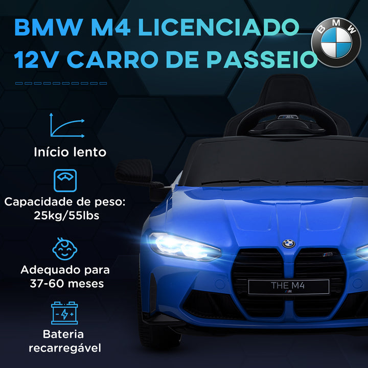 Carro Elétrico para Crianças BMW M4 Veículo Elétrico para Crianças 12V com Controlo Remoto Faróis Buzina Música Velocidade 3-5 km/h Cinto de Segurança Azul