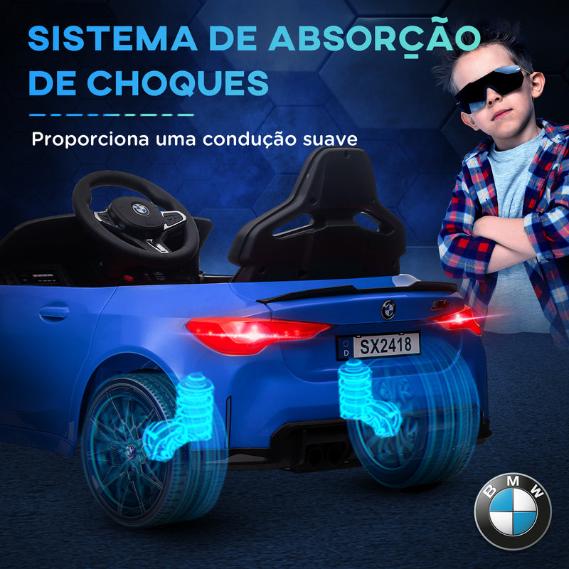 Carro Elétrico para Crianças BMW M4 Veículo Elétrico para Crianças 12V com Controlo Remoto Faróis Buzina Música Velocidade 3-5 km/h Cinto de Segurança Azul