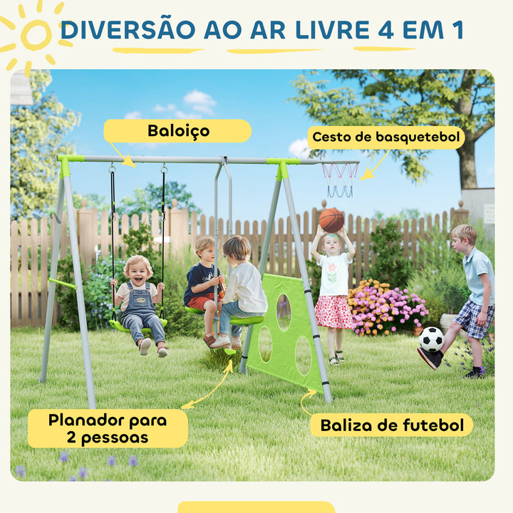 Baloiços para Crianças de +3 Anos 4 em 1 Baloiços Jardim Exterior com Baloiço Planador Baliza de Futbol e Aro de Basquetebol Verde