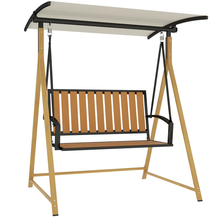 Baloiço de Jardim de 2 Lugares Baloiço de Exterior com Toldo Ajustável e Estrutura de Metal Carga 240 kg 142x112x162 cm Madeira e Creme