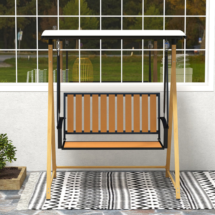 Baloiço de Jardim de 2 Lugares Baloiço de Exterior com Toldo Ajustável e Estrutura de Metal Carga 240 kg 142x112x162 cm Madeira e Creme