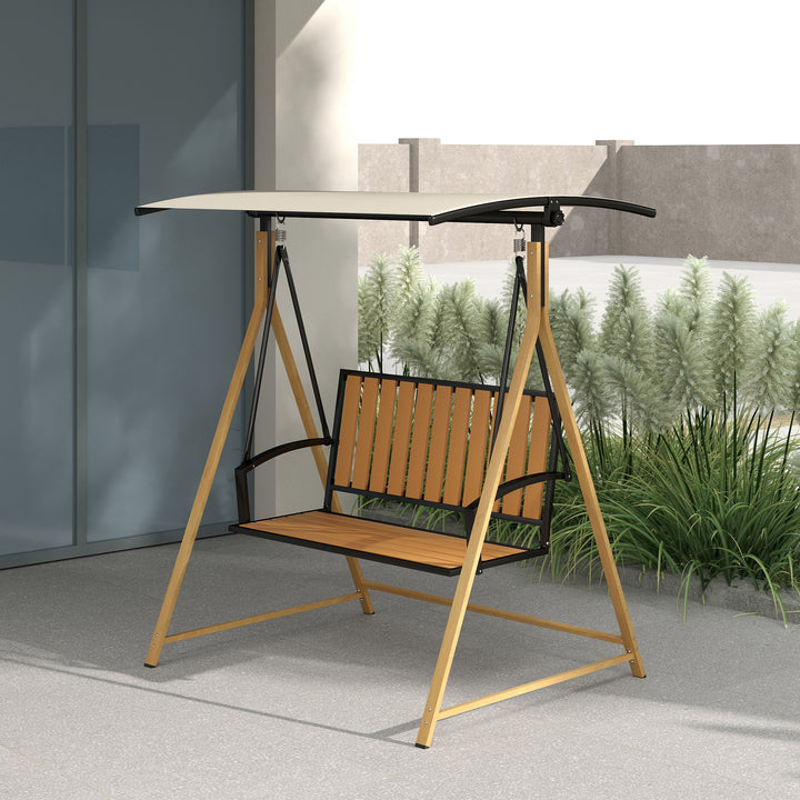 Baloiço de Jardim de 2 Lugares Baloiço de Exterior com Toldo Ajustável e Estrutura de Metal Carga 240 kg 142x112x162 cm Madeira e Creme