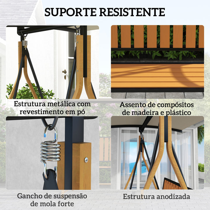 Baloiço de Jardim de 2 Lugares Baloiço de Exterior com Toldo Ajustável e Estrutura de Metal Carga 240 kg 142x112x162 cm Madeira e Creme