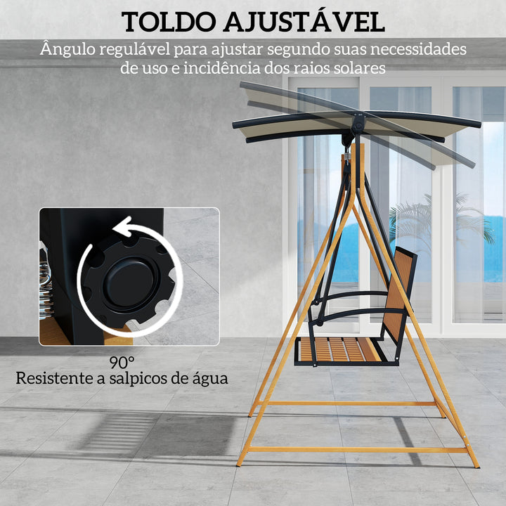 Baloiço de Jardim de 2 Lugares Baloiço de Exterior com Toldo Ajustável e Estrutura de Metal Carga 240 kg 142x112x162 cm Madeira e Creme