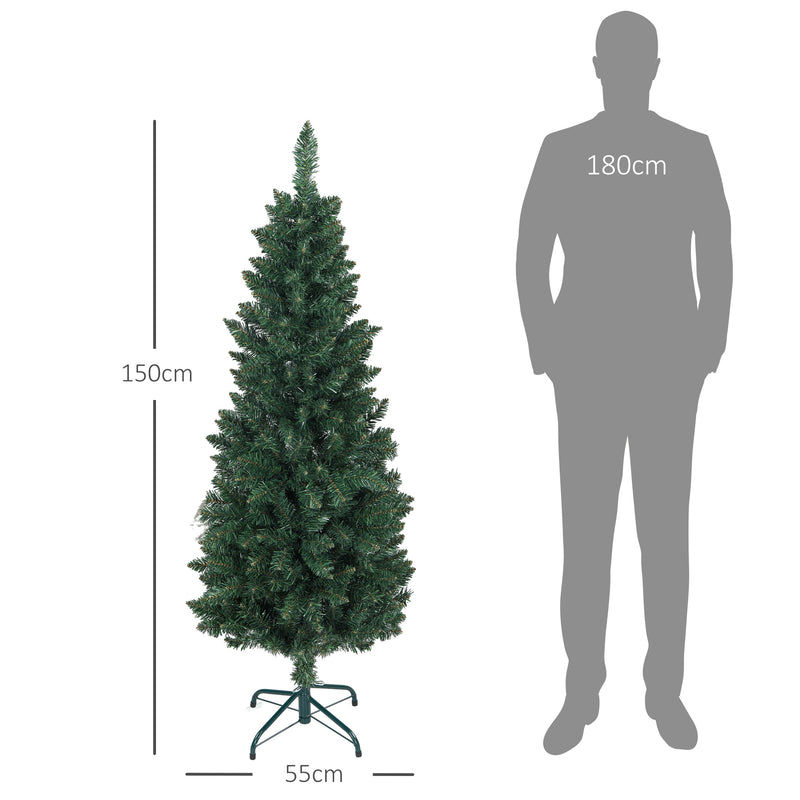 Árvore de Natal Estreita Árvore de Natal Tipo Lápis de 150 cm com Base Dobrável e 317 Ramos para Escritório Verde