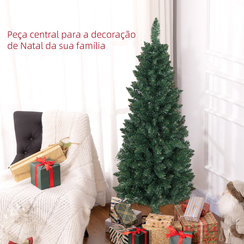 Árvore de Natal Estreita Árvore de Natal Tipo Lápis de 150 cm com Base Dobrável e 317 Ramos para Escritório Verde