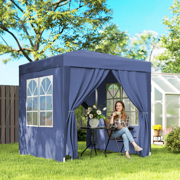 Tenda Dobrável 2x2 Tenda de Jardim com 4 Paredes Laterais Tecido Oxford 2 Portas 2 Janelas e Bolsa de Transporte para Exterior Terraço Campismo Festas Azul