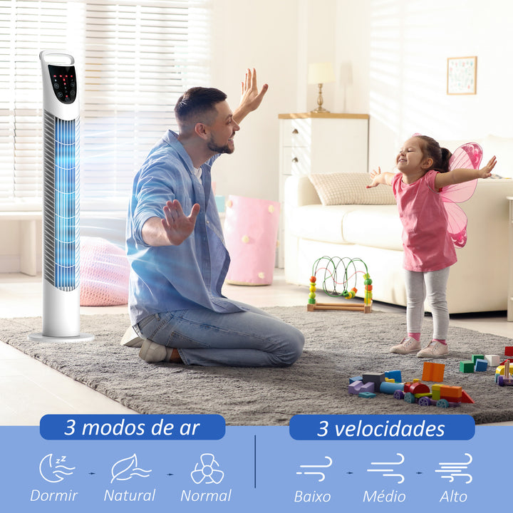 Ventoinha de Coluna com Controlo Remoto 3 Nivéis de Velocidade Temporizador 7,5h Potência 40W e Oscilação 70° Ø18x78,5 cm Branco