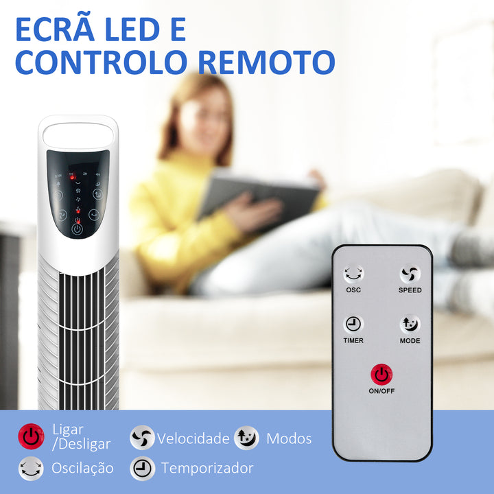 Ventoinha de Coluna com Controlo Remoto 3 Nivéis de Velocidade Temporizador 7,5h Potência 40W e Oscilação 70° Ø18x78,5 cm Branco