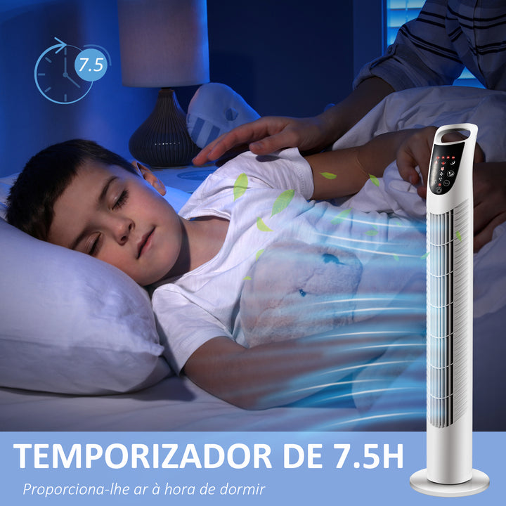 Ventoinha de Coluna com Controlo Remoto 3 Nivéis de Velocidade Temporizador 7,5h Potência 40W e Oscilação 70° Ø18x78,5 cm Branco