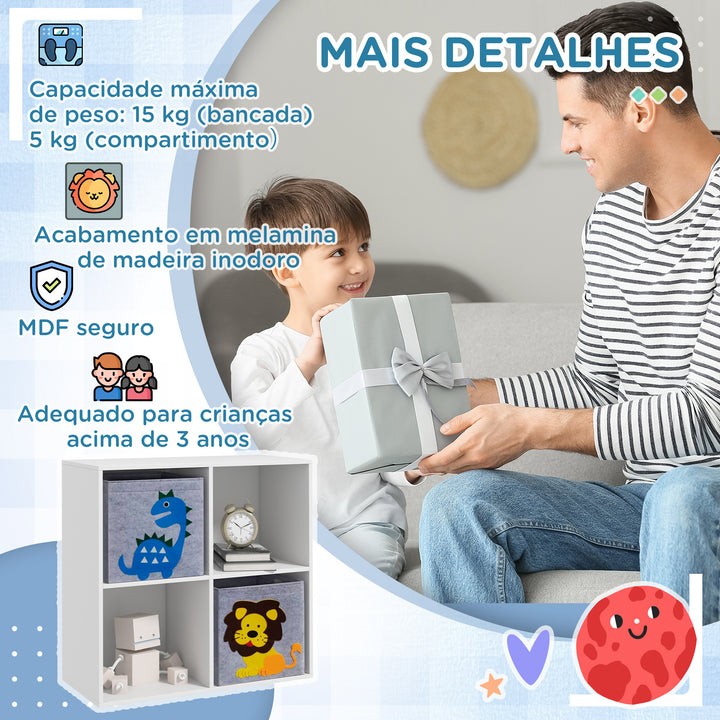 Estante para Brinquedos Estante para Crianças acima de 3 Anos com 4 Compartimentos de Armazenamento e 2 Caixas de Tecido não Tecido com Desenho de Animais 61,8x29,9x61,8 cm Branco e Cinza