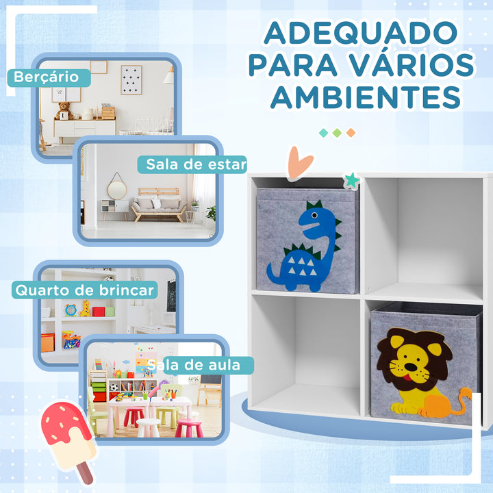 Estante para Brinquedos Estante para Crianças acima de 3 Anos com 4 Compartimentos de Armazenamento e 2 Caixas de Tecido não Tecido com Desenho de Animais 61,8x29,9x61,8 cm Branco e Cinza