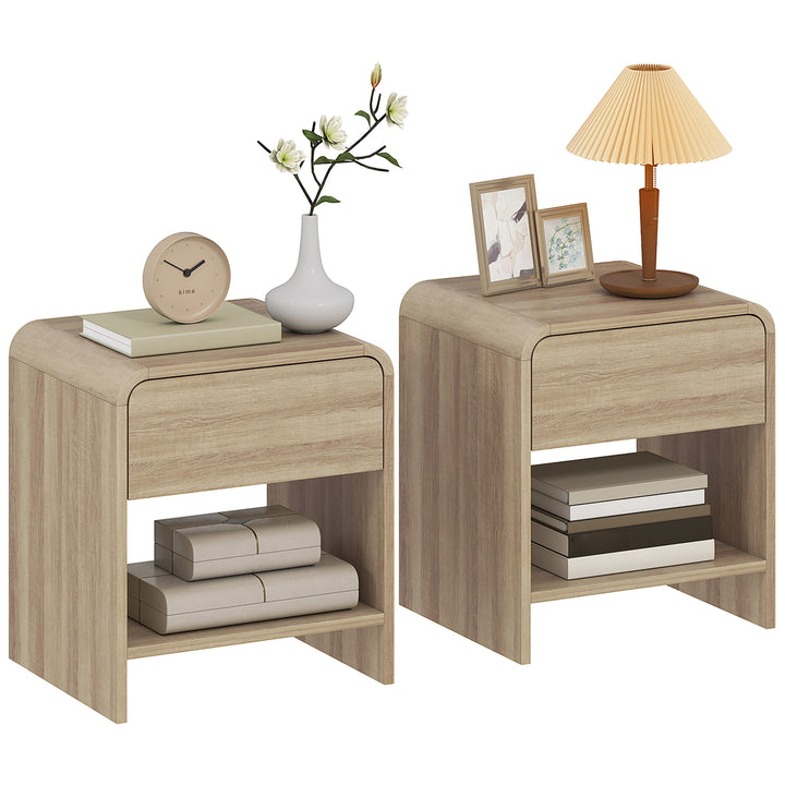 Conjunto de 2 Mesas de Cabeceira Nórdicas com Cantos Arredondados Gaveta e Prateleira Aberta Mesa Auxiliar para Sala Quarto 40x35x45 cm Madeira