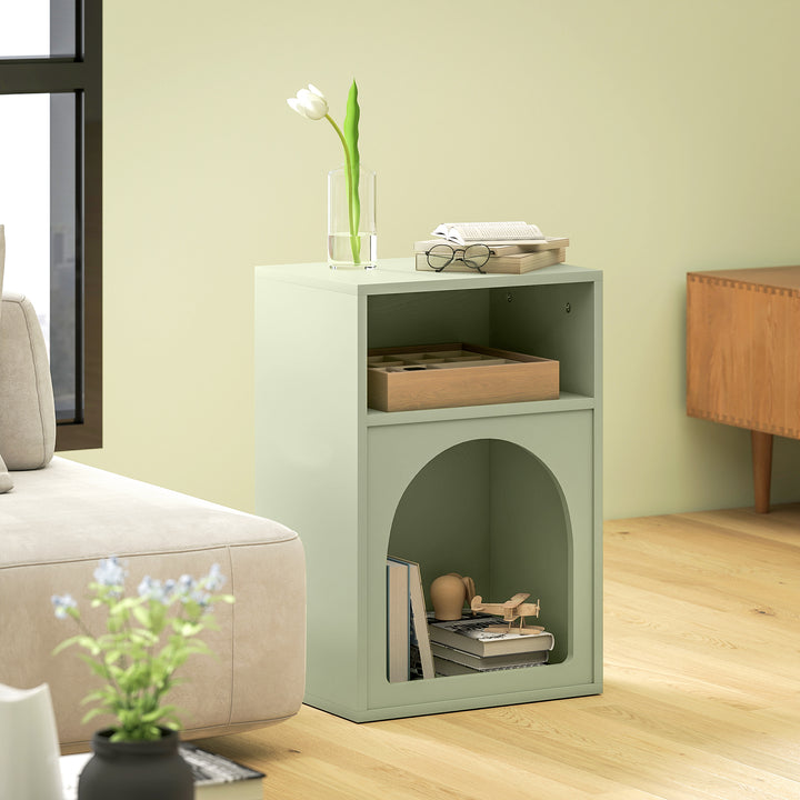 Mesa de Cabeceira Moderna Mesa de Cabeceira Estreita com 2 Compartimentos Abertos Desenho em Forma de Arco Mesa Auxiliar para Sala de Estar Quarto 40x30x60 cm Verde